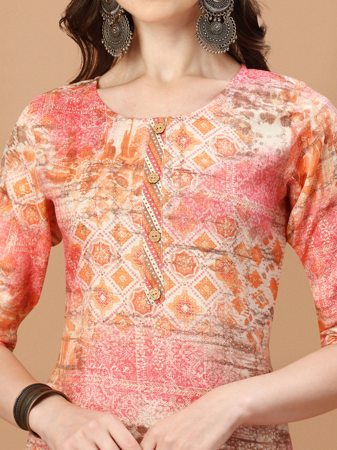 Printed Cotton Orange & Pink Kurta Pant & Dupatta Set, Multicolor - Hiral Fashion