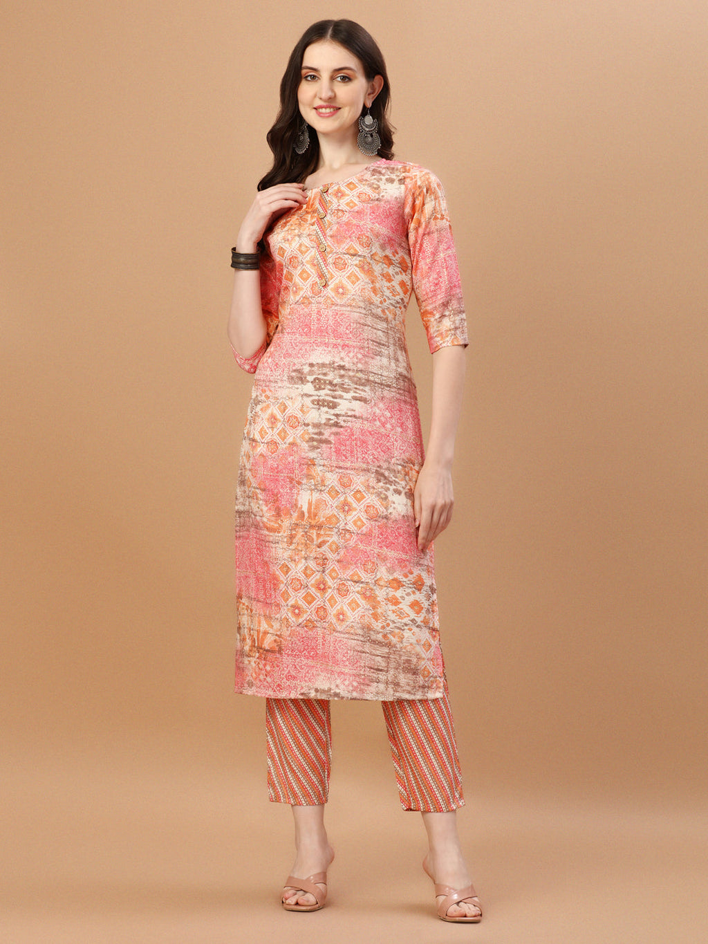 Printed Cotton Orange & Pink Kurta Pant & Dupatta Set, Multicolor - Hiral Fashion