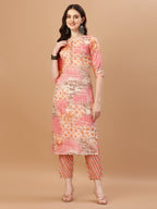 Printed Cotton Orange & Pink Kurta Pant & Dupatta Set, Multicolor - Hiral Fashion