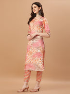 Printed Cotton Orange & Pink Kurta Pant & Dupatta Set, Multicolor - Hiral Fashion