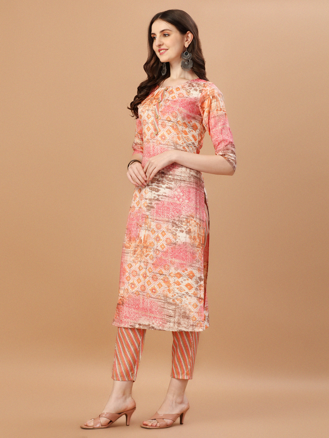 Printed Cotton Orange & Pink Kurta Pant & Dupatta Set, Multicolor - Hiral Fashion