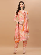 Printed Cotton Orange & Pink Kurta Pant & Dupatta Set, Multicolor - Hiral Fashion