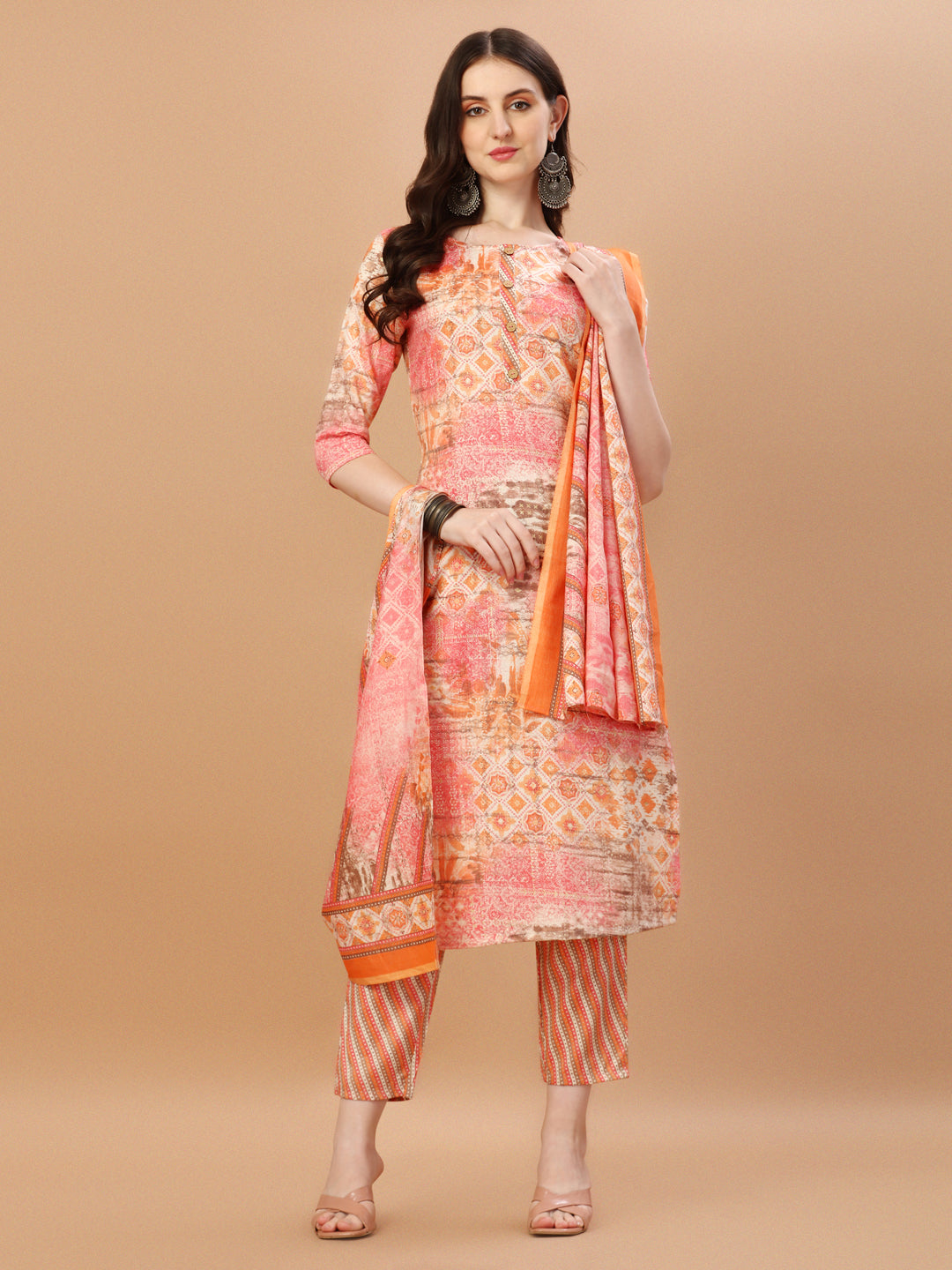 Printed Cotton Orange & Pink Kurta Pant & Dupatta Set, Multicolor - Hiral Fashion