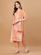 Printed Cotton Orange & Pink Kurta Pant & Dupatta Set, Multicolor - Hiral Fashion