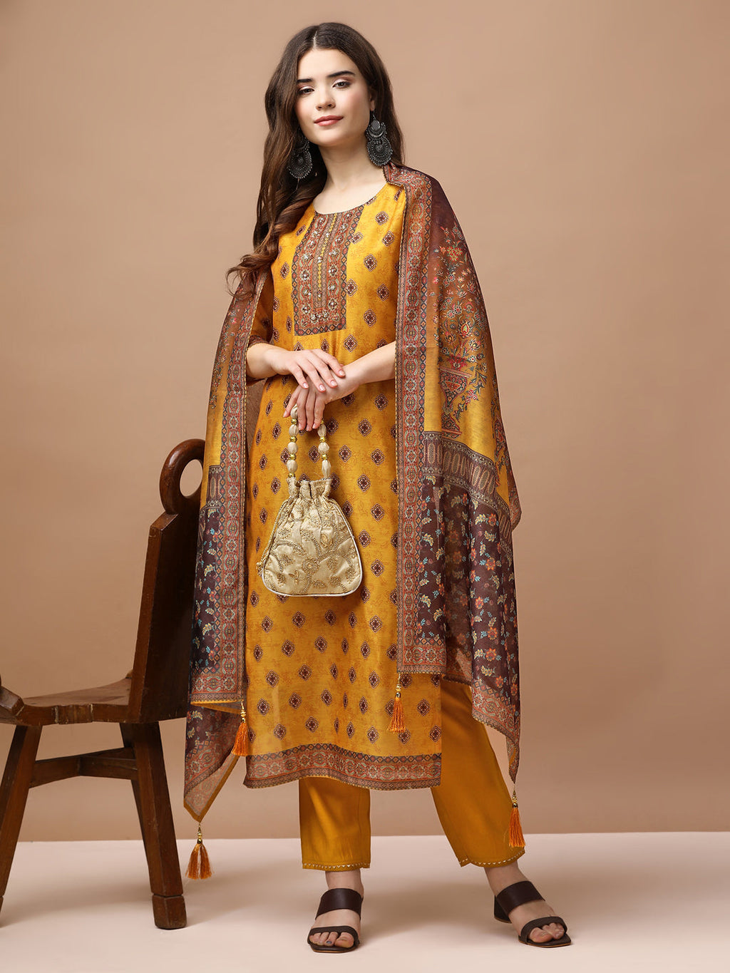 Embroidered & Ethnic Motifs Printed Kurta With Pant & Dupatta, Multicolor - Hiral Fashion - Distacart