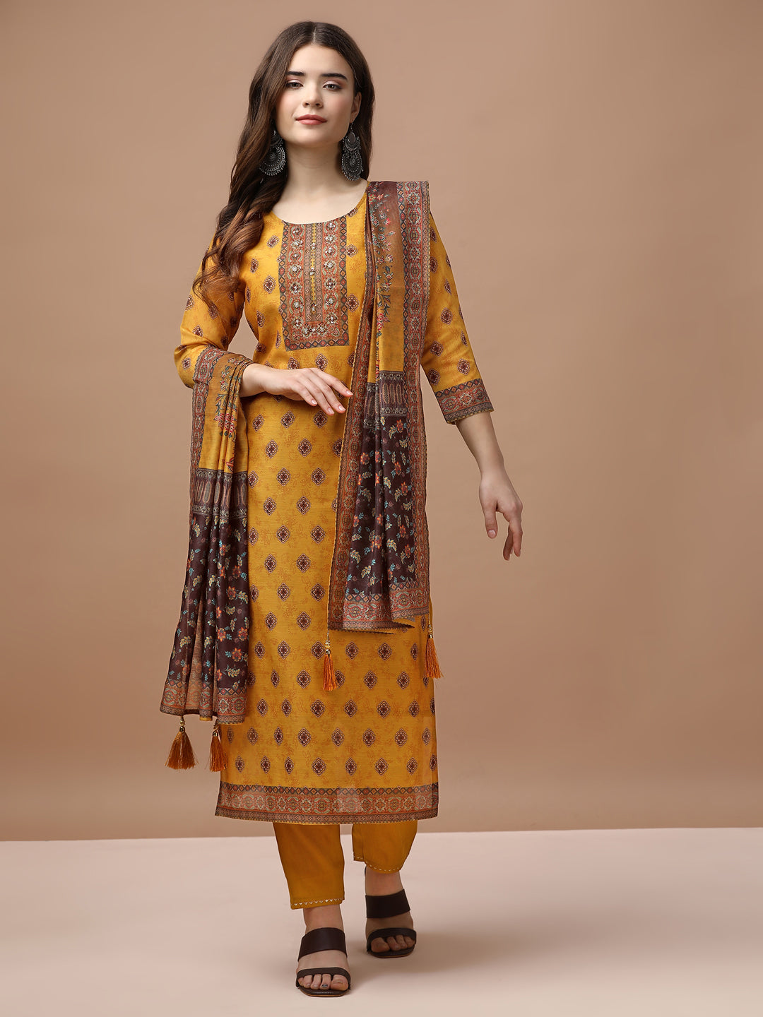 Embroidered & Ethnic Motifs Printed Kurta With Pant & Dupatta, Multicolor - Hiral Fashion - Distacart
