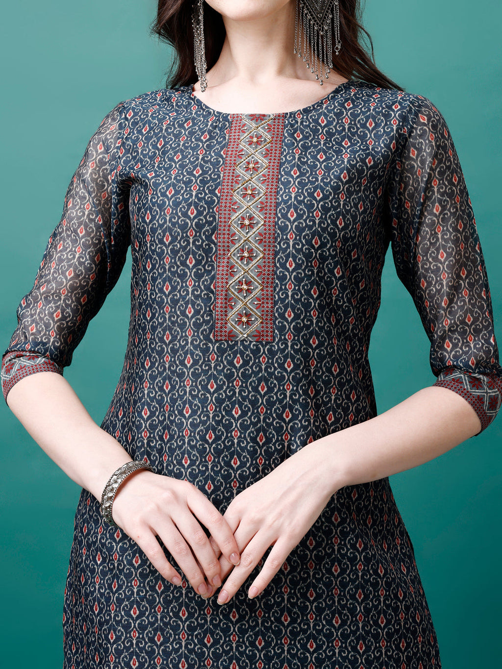 Hand Embroidered Kurta With Pant & Dupatta, Multicolor - Hiral Fashion - Distacart