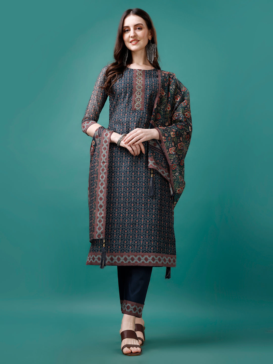 Hand Embroidered Kurta With Pant & Dupatta, Multicolor - Hiral Fashion - Distacart
