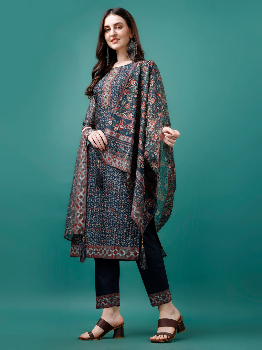 Hand Embroidered Kurta With Pant & Dupatta, Multicolor - Hiral Fashion - Distacart