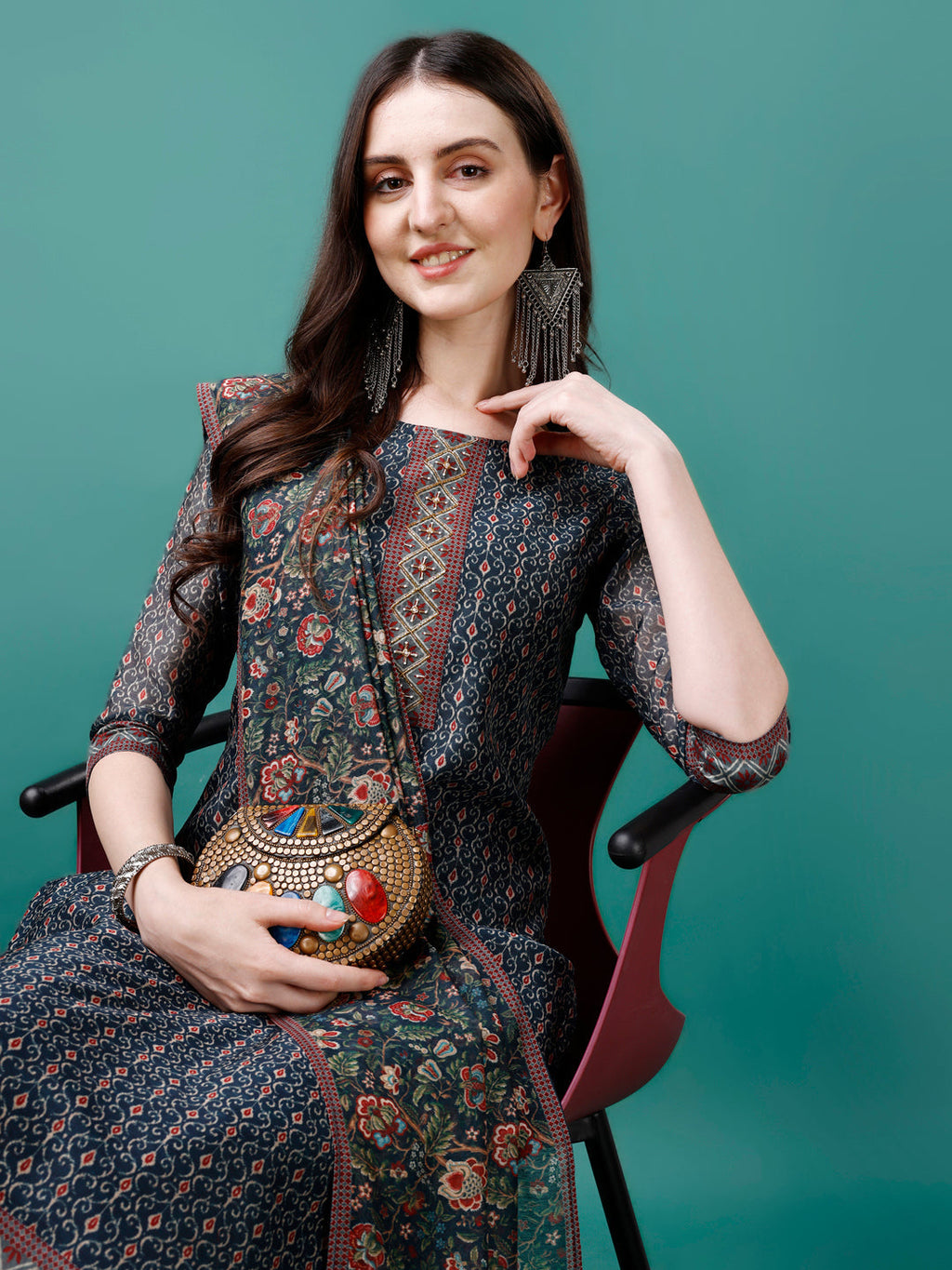 Hand Embroidered Kurta With Pant & Dupatta, Multicolor - Hiral Fashion - Distacart