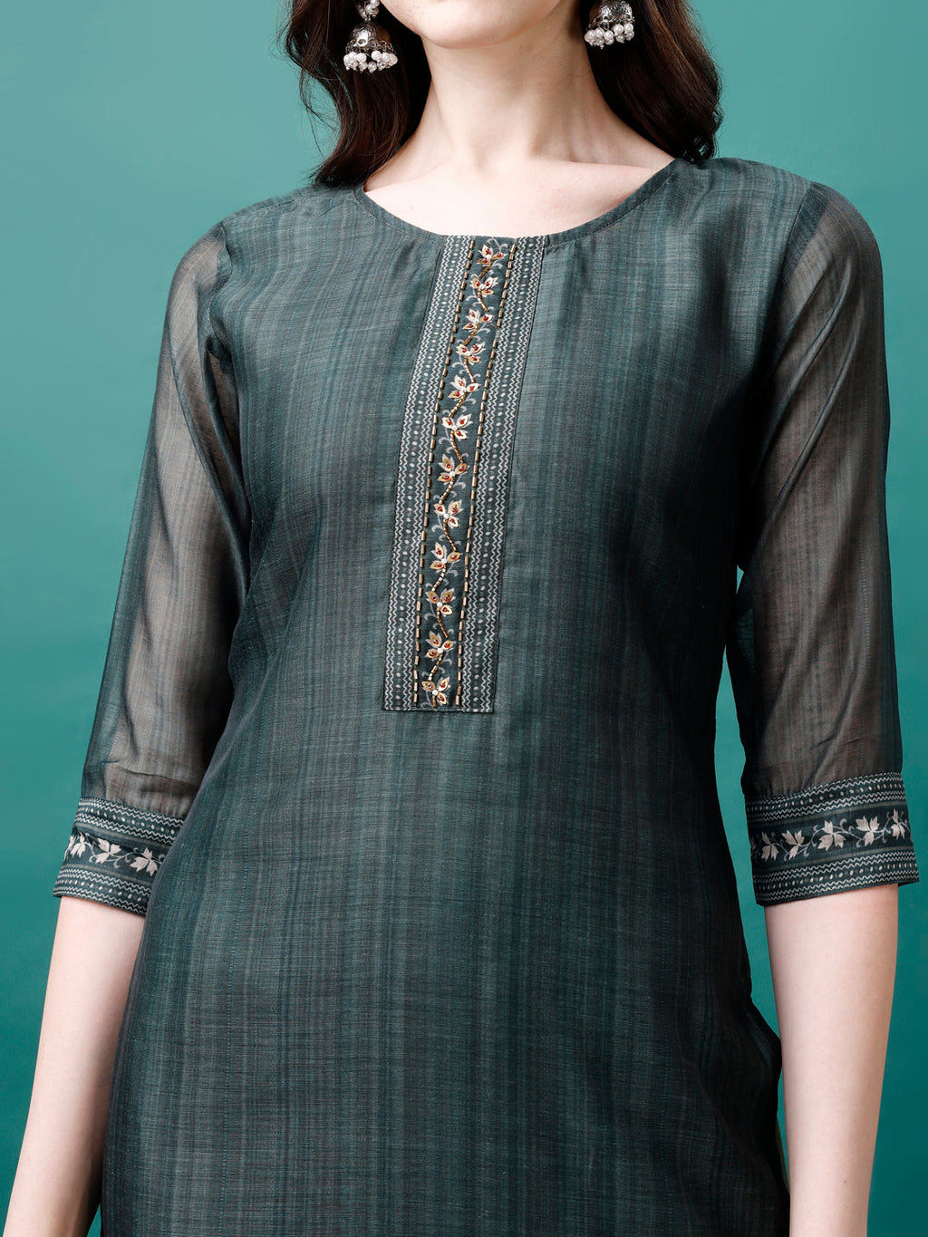 Hand Embroidered Kurta With Pant & Dupatta, Multicolor - Hiral Fashion
