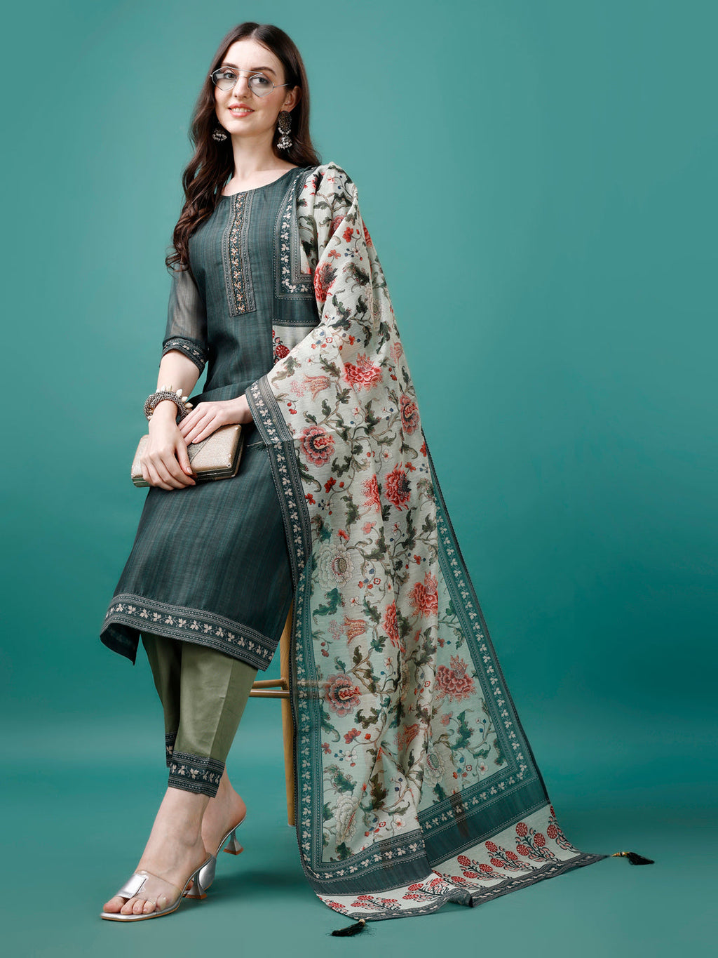 Hand Embroidered Kurta With Pant & Dupatta, Multicolor - Hiral Fashion