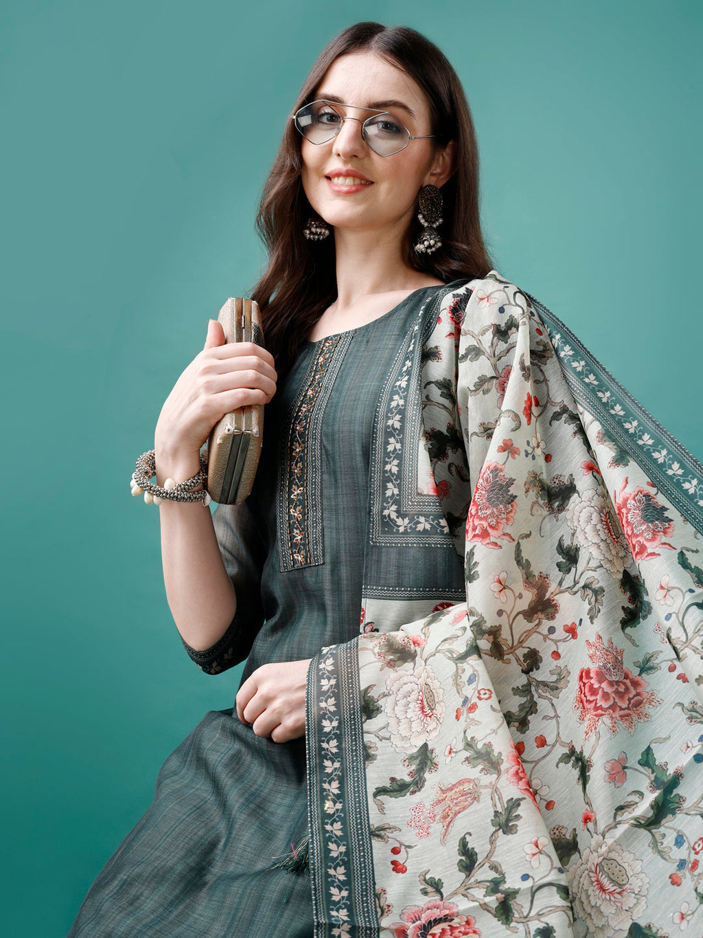 Hand Embroidered Kurta With Pant & Dupatta, Multicolor - Hiral Fashion