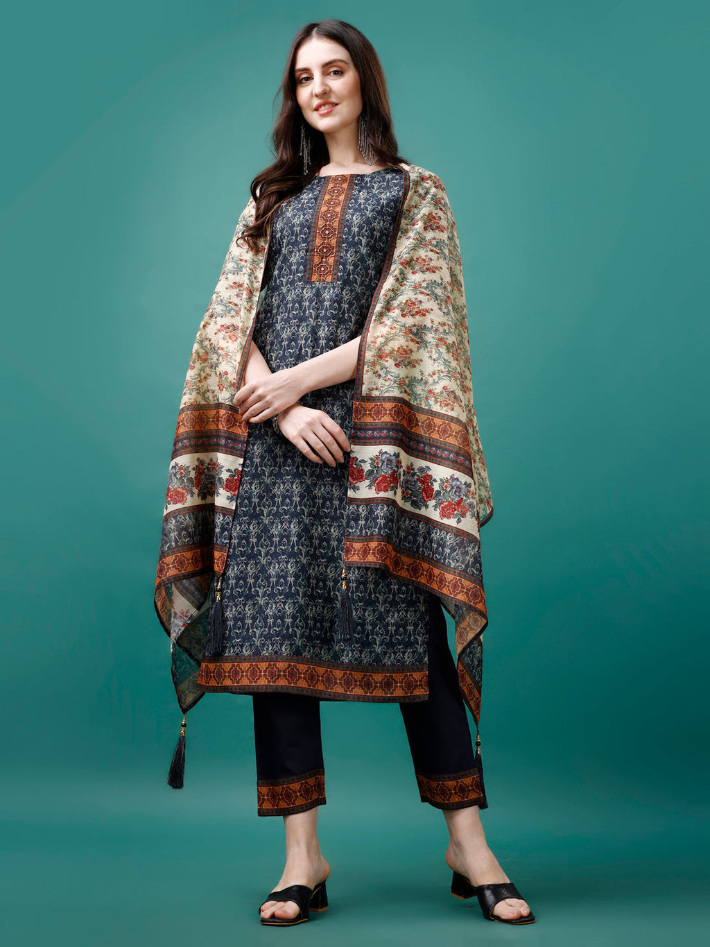 Hand Embroidered Kurta With Pant & Dupatta, Multicolor - Hiral Fashion - Distacart