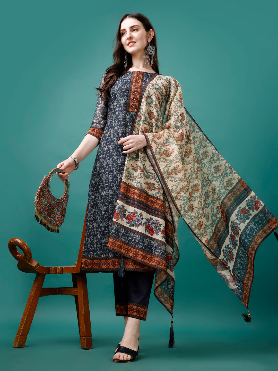Hand Embroidered Kurta With Pant & Dupatta, Multicolor - Hiral Fashion - Distacart