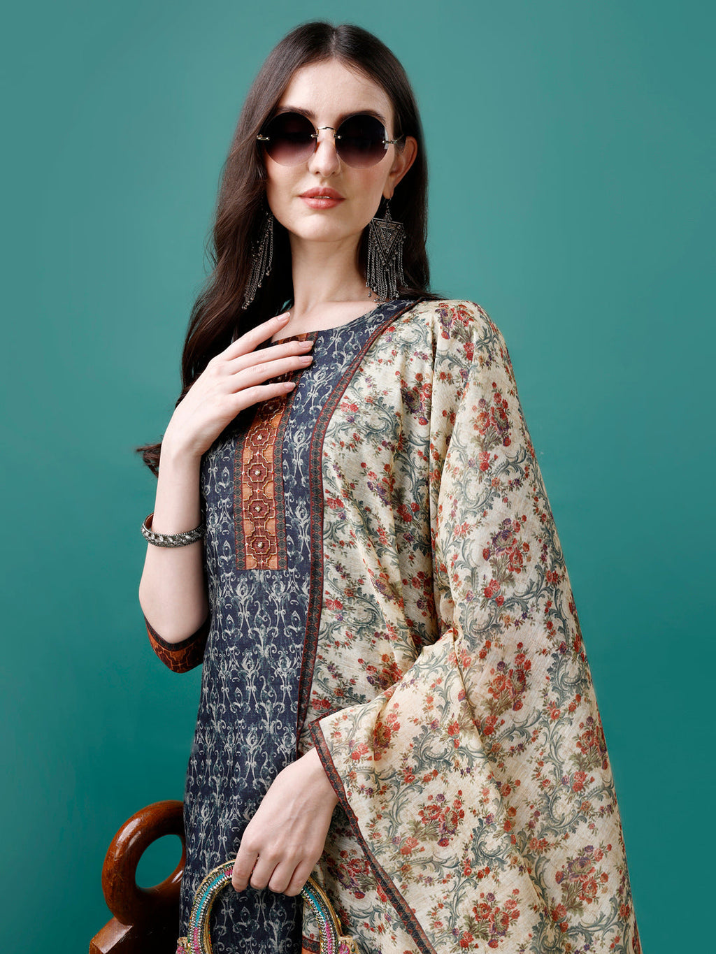Hand Embroidered Kurta With Pant & Dupatta, Multicolor - Hiral Fashion - Distacart