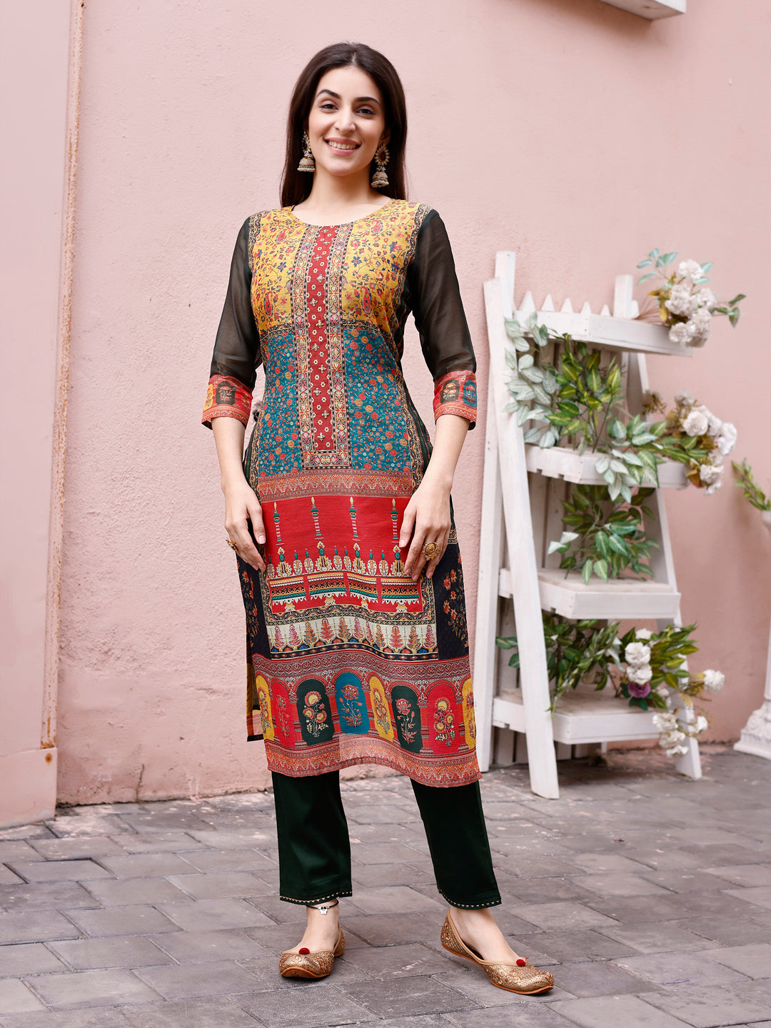 Printed Chanderi Kurta With Pant & Dupatta, Multicolor - Hiral Fashion - Distacart