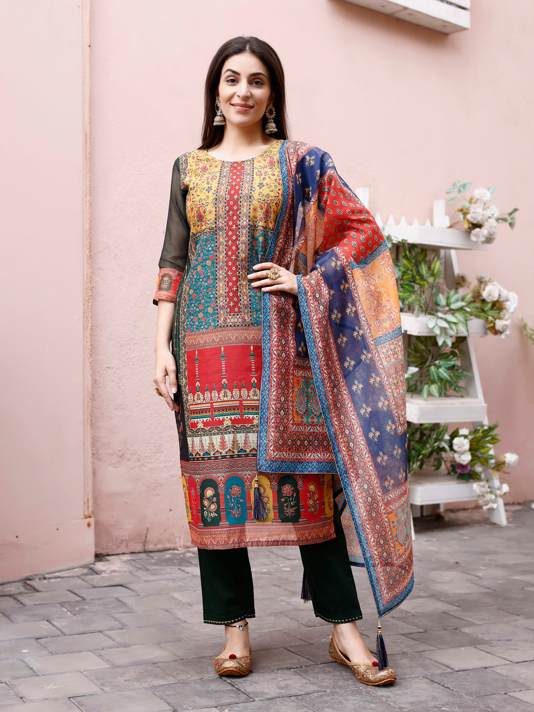 Printed Chanderi Kurta With Pant & Dupatta, Multicolor - Hiral Fashion - Distacart