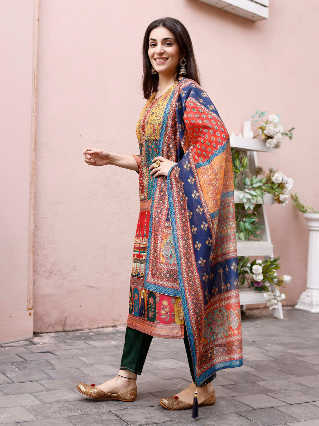 Printed Chanderi Kurta With Pant & Dupatta, Multicolor - Hiral Fashion - Distacart