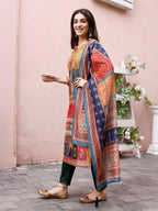 Printed Chanderi Kurta With Pant & Dupatta, Multicolor - Hiral Fashion - Distacart