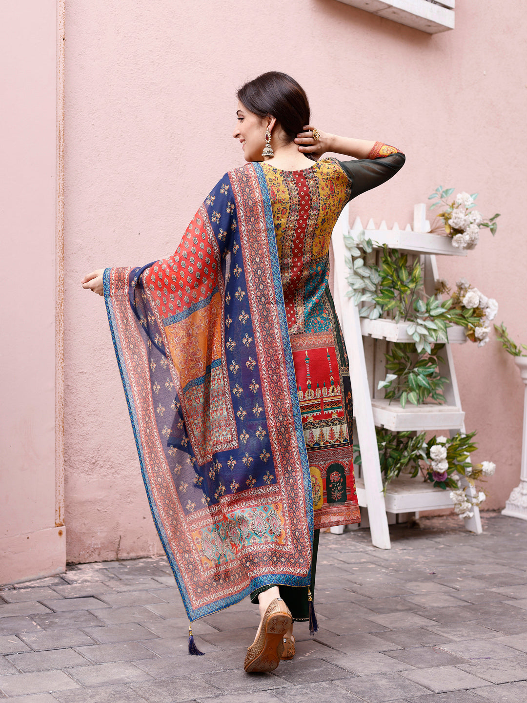 Printed Chanderi Kurta With Pant & Dupatta, Multicolor - Hiral Fashion - Distacart