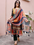 Printed Chanderi Kurta With Pant & Dupatta, Multicolor - Hiral Fashion - Distacart