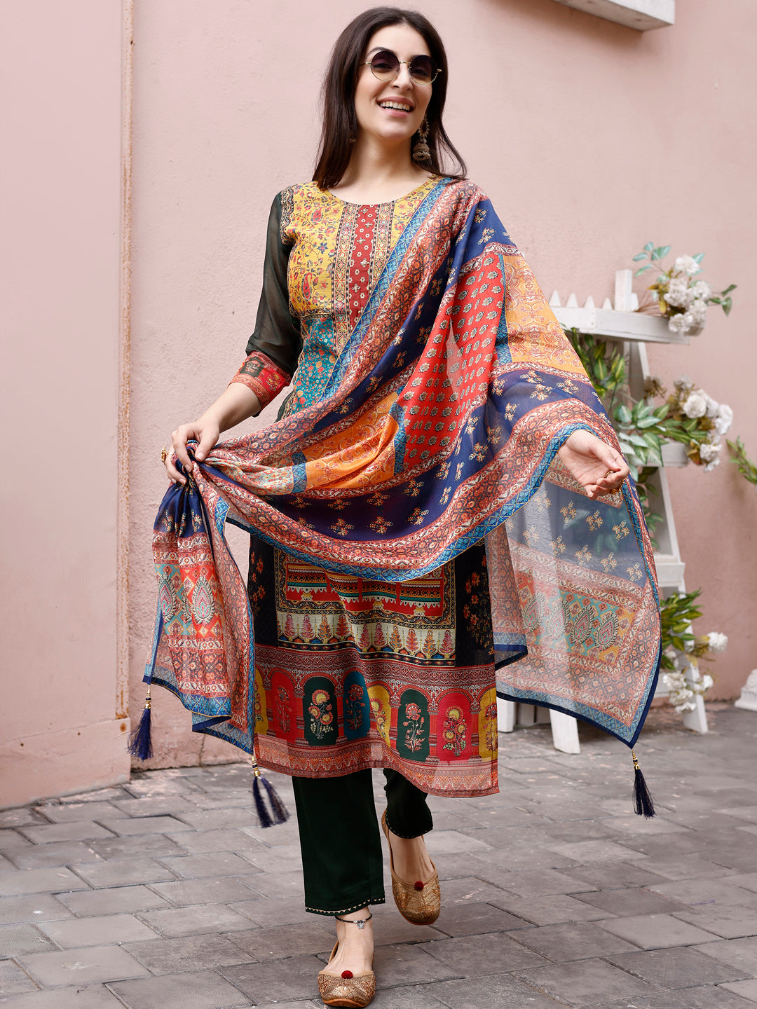 Printed Chanderi Kurta With Pant & Dupatta, Multicolor - Hiral Fashion - Distacart