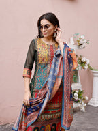 Printed Chanderi Kurta With Pant & Dupatta, Multicolor - Hiral Fashion - Distacart