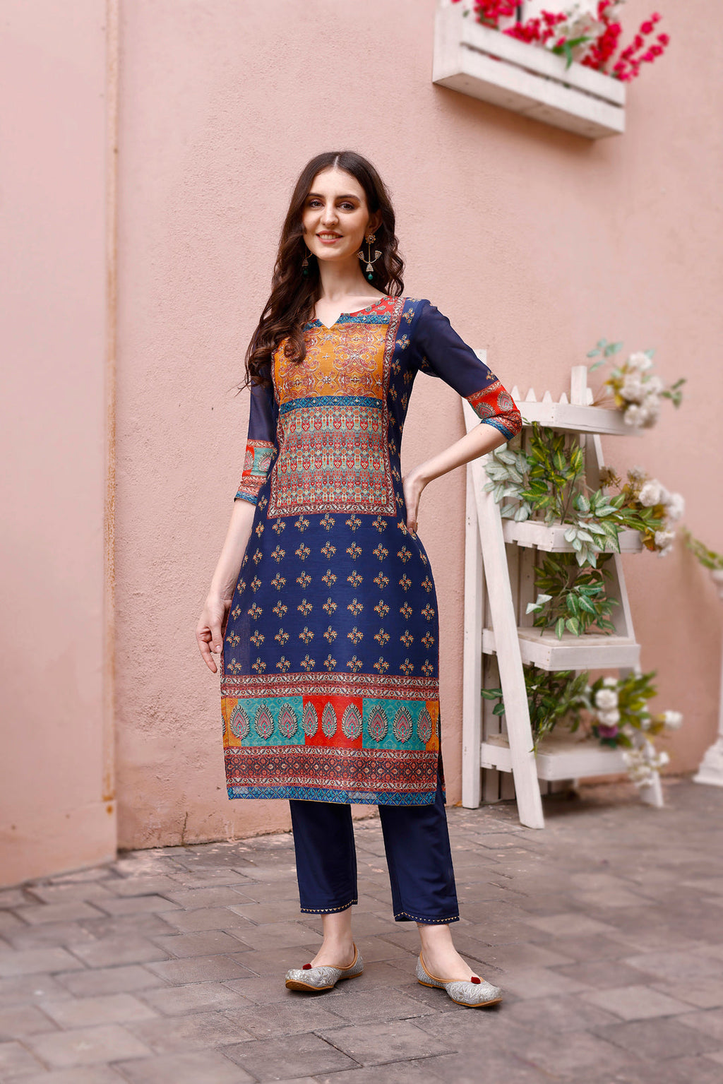 Printed Chanderi Kurta With Pant & Dupatta, Multicolor - Hiral Fashion - Distacart
