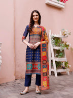 Printed Chanderi Kurta With Pant & Dupatta, Multicolor - Hiral Fashion - Distacart