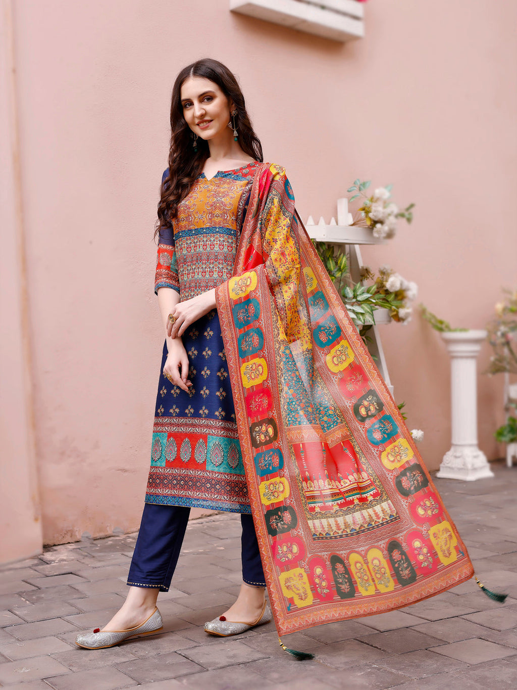 Printed Chanderi Kurta With Pant & Dupatta, Multicolor - Hiral Fashion - Distacart