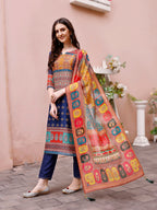 Printed Chanderi Kurta With Pant & Dupatta, Multicolor - Hiral Fashion - Distacart