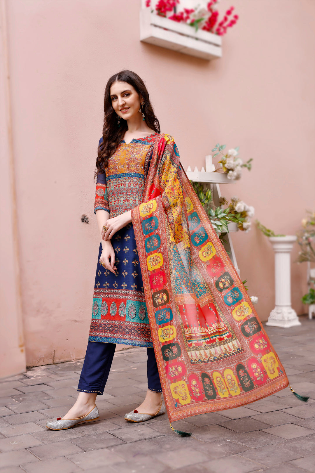 Printed Chanderi Kurta With Pant & Dupatta, Multicolor - Hiral Fashion - Distacart