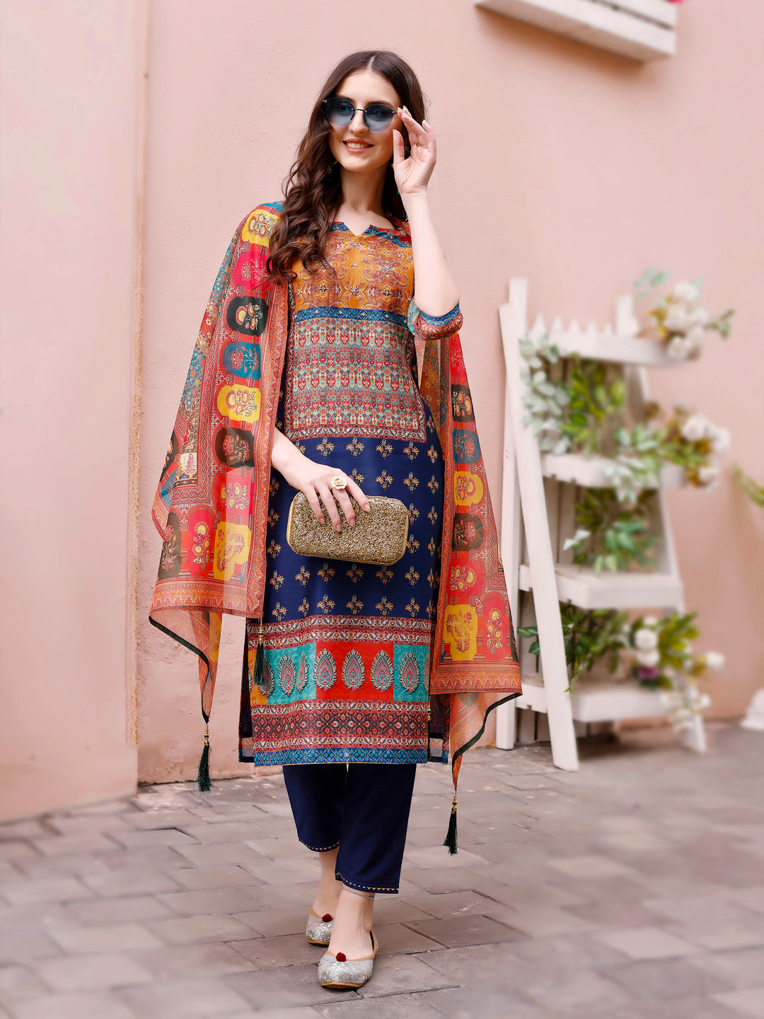 Printed Chanderi Kurta With Pant & Dupatta, Multicolor - Hiral Fashion - Distacart