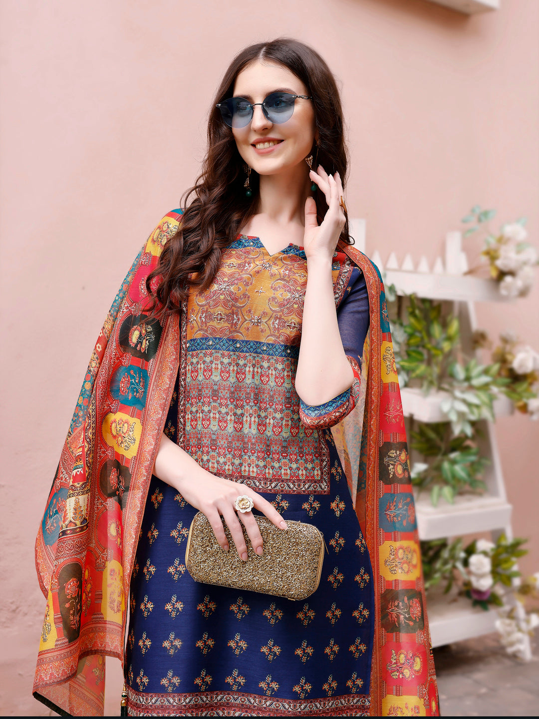 Printed Chanderi Kurta With Pant & Dupatta, Multicolor - Hiral Fashion - Distacart