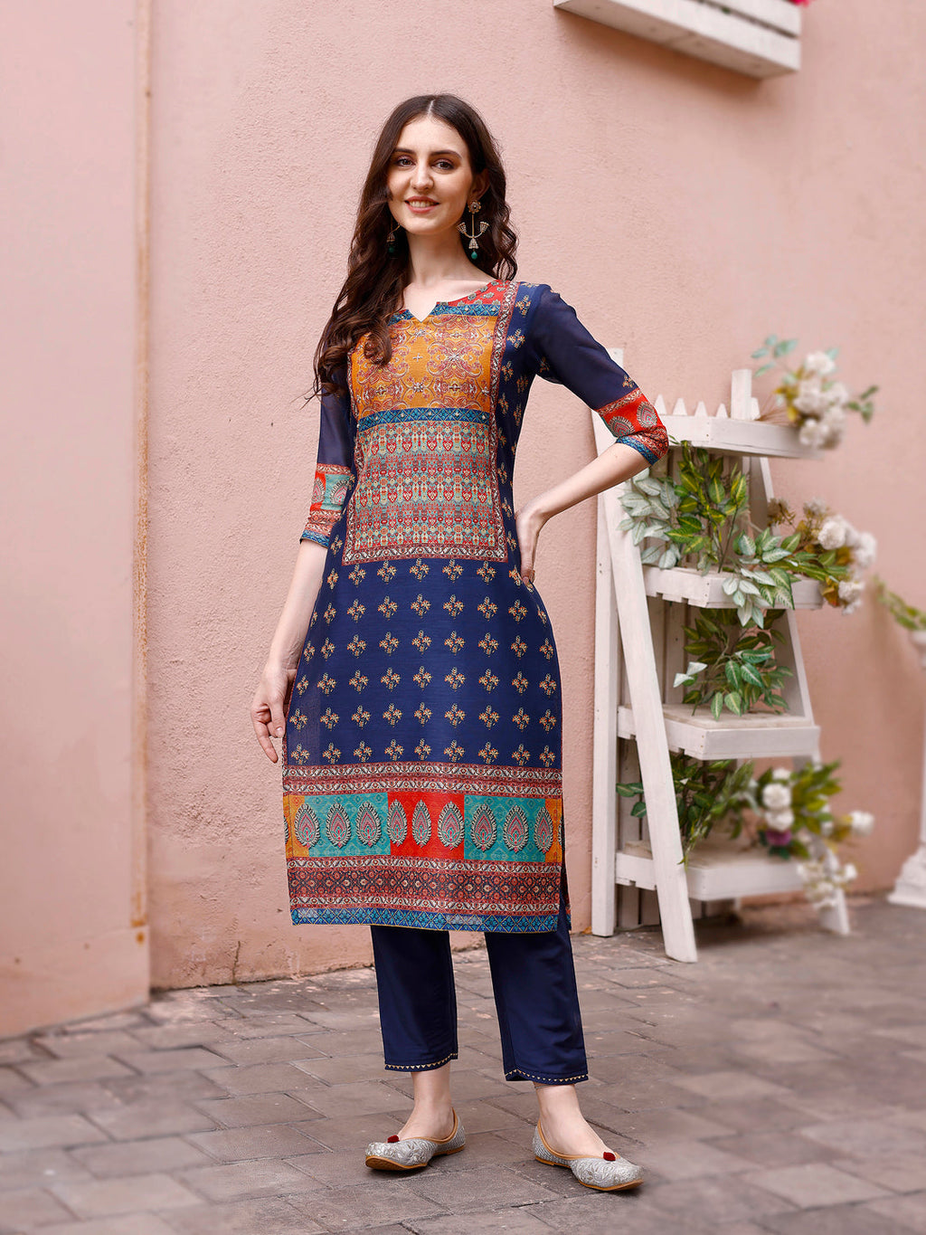 Printed Chanderi Kurta With Pant & Dupatta, Multicolor - Hiral Fashion - Distacart