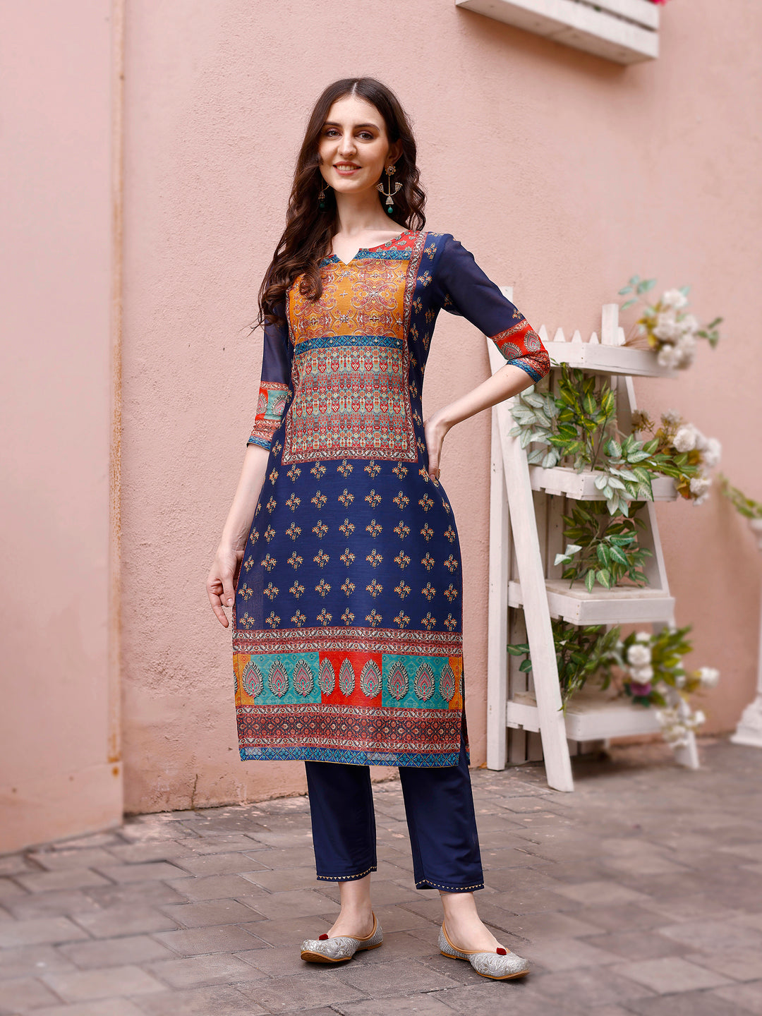 Printed Chanderi Kurta With Pant & Dupatta, Multicolor - Hiral Fashion - Distacart