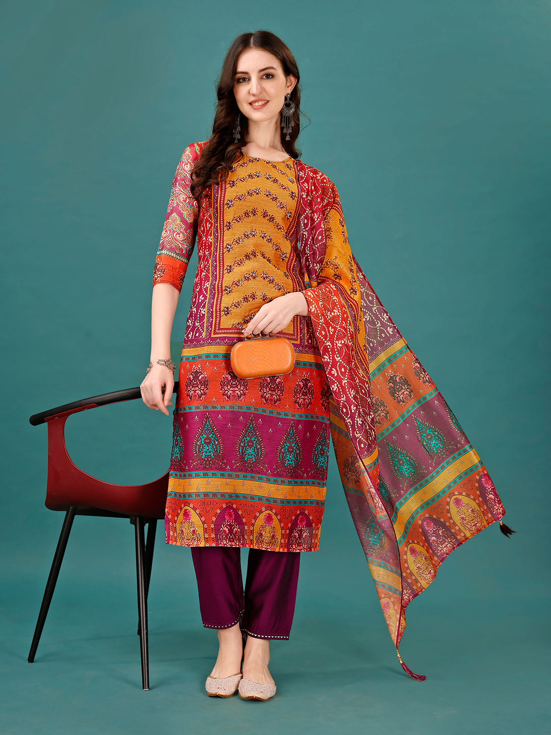 Printed & Hand Embroidered Kurta With Pant & Dupatta, Multicolor - Hiral Fashion