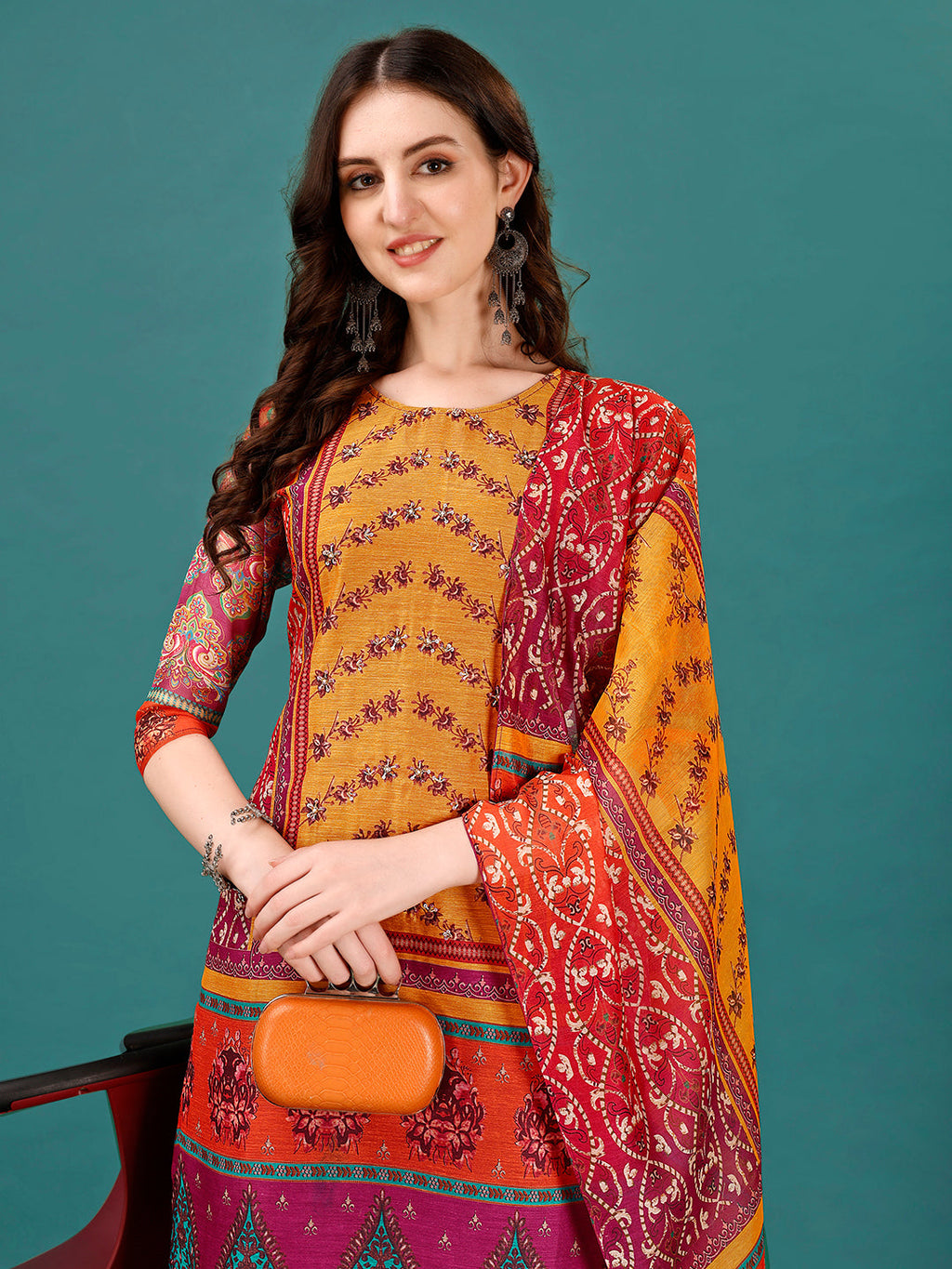 Printed & Hand Embroidered Kurta With Pant & Dupatta, Multicolor - Hiral Fashion
