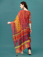 Printed & Hand Embroidered Kurta With Pant & Dupatta, Multicolor - Hiral Fashion