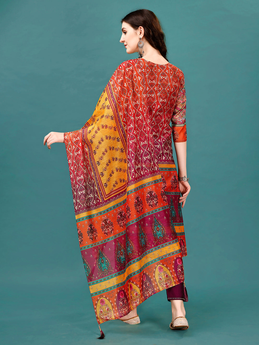 Printed & Hand Embroidered Kurta With Pant & Dupatta, Multicolor - Hiral Fashion