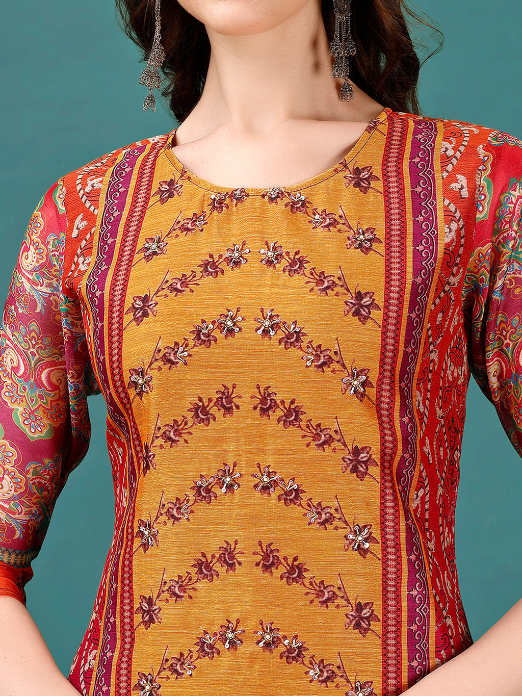 Printed & Hand Embroidered Kurta With Pant & Dupatta, Multicolor - Hiral Fashion