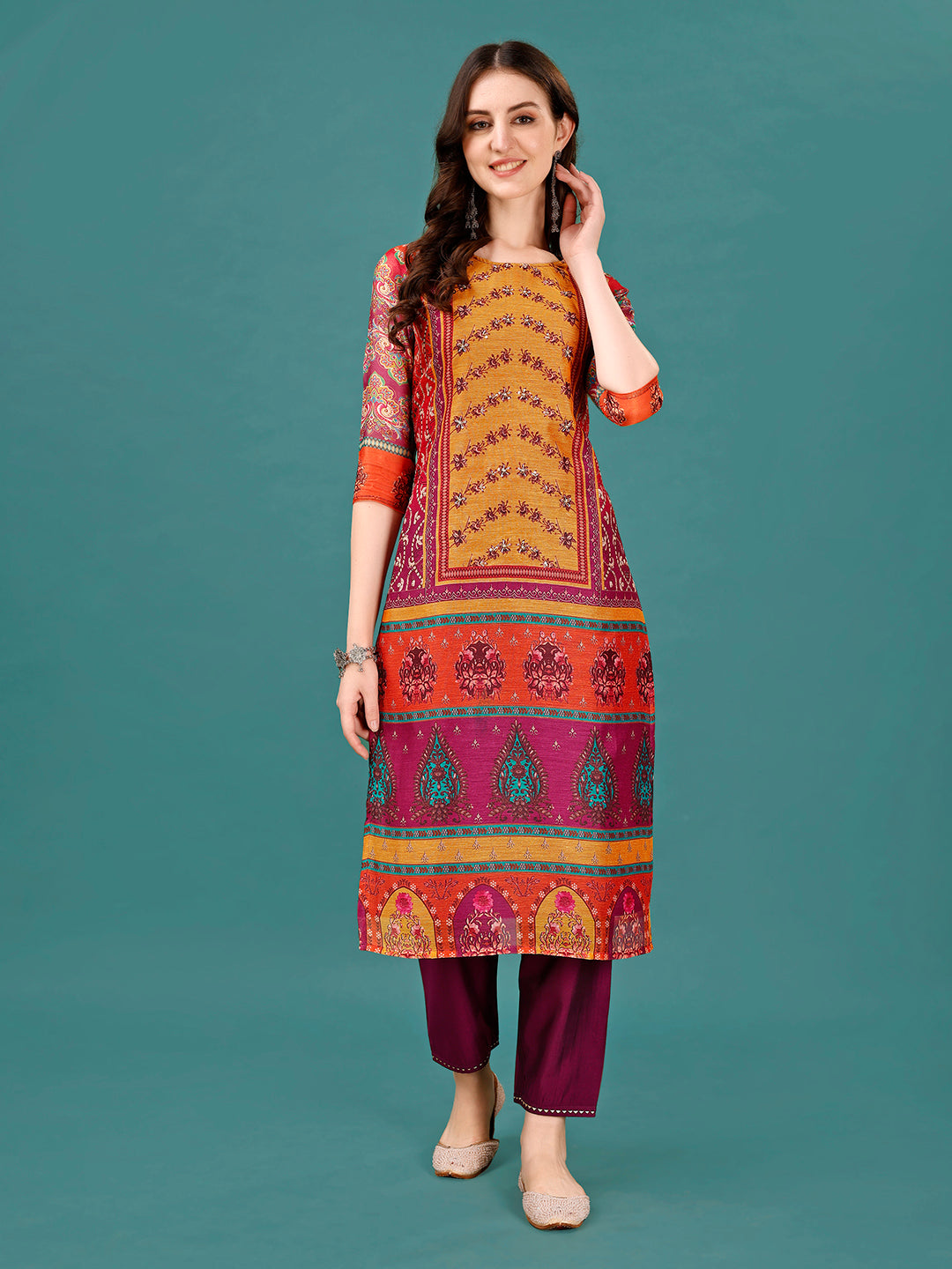 Printed & Hand Embroidered Kurta With Pant & Dupatta, Multicolor - Hiral Fashion