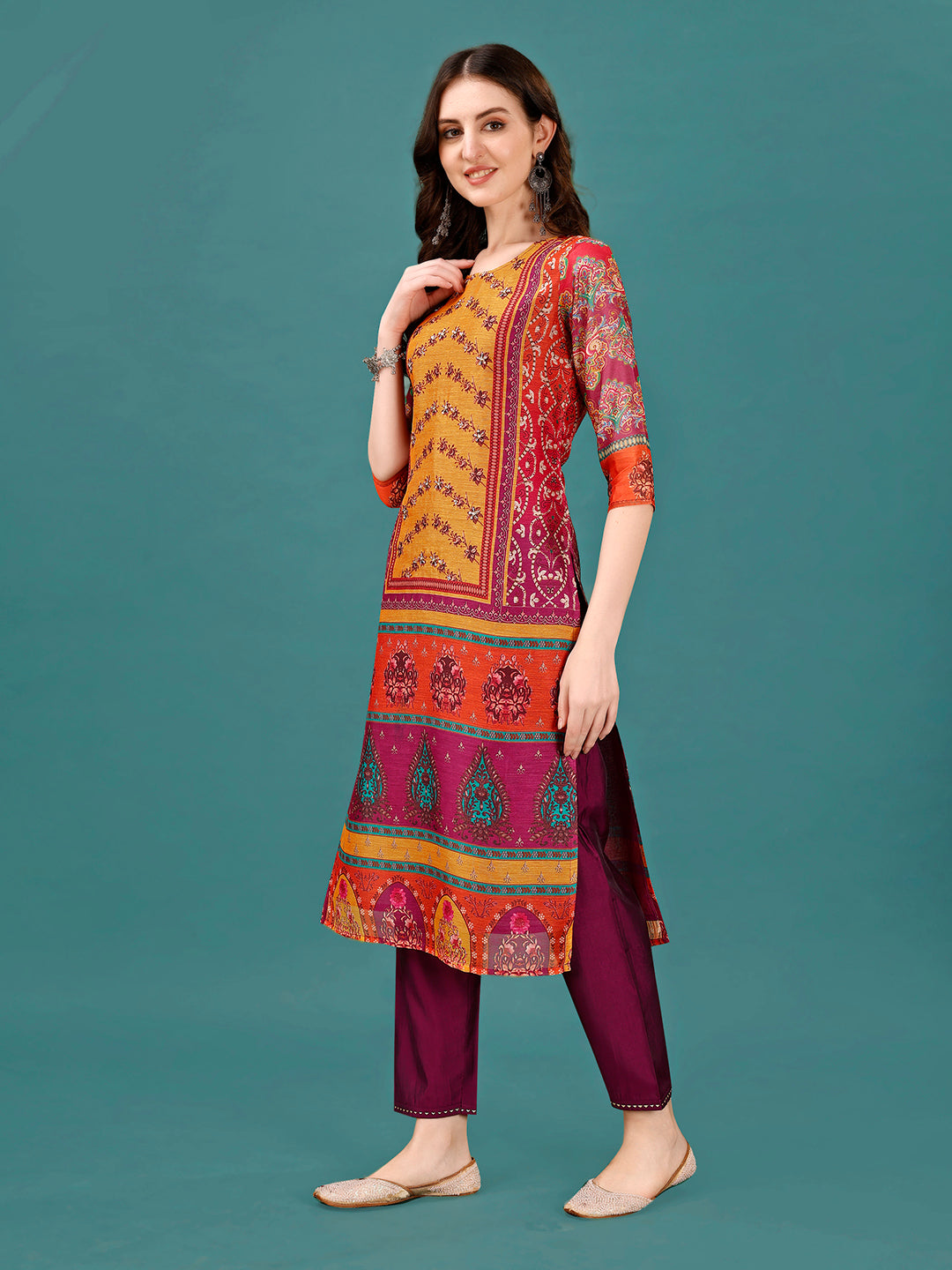 Printed & Hand Embroidered Kurta With Pant & Dupatta, Multicolor - Hiral Fashion