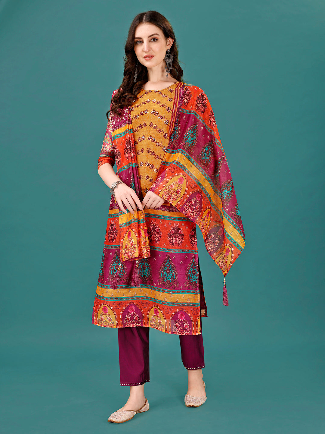 Printed & Hand Embroidered Kurta With Pant & Dupatta, Multicolor - Hiral Fashion