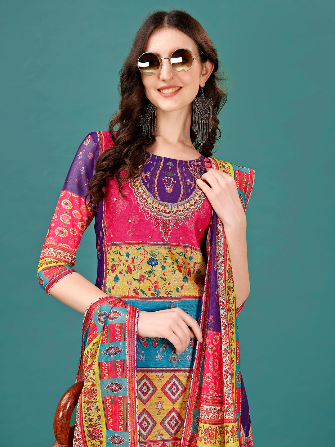 Printed & Hand Embroidered Kurta With Pant & Dupatta, Multicolor - Hiral Fashion