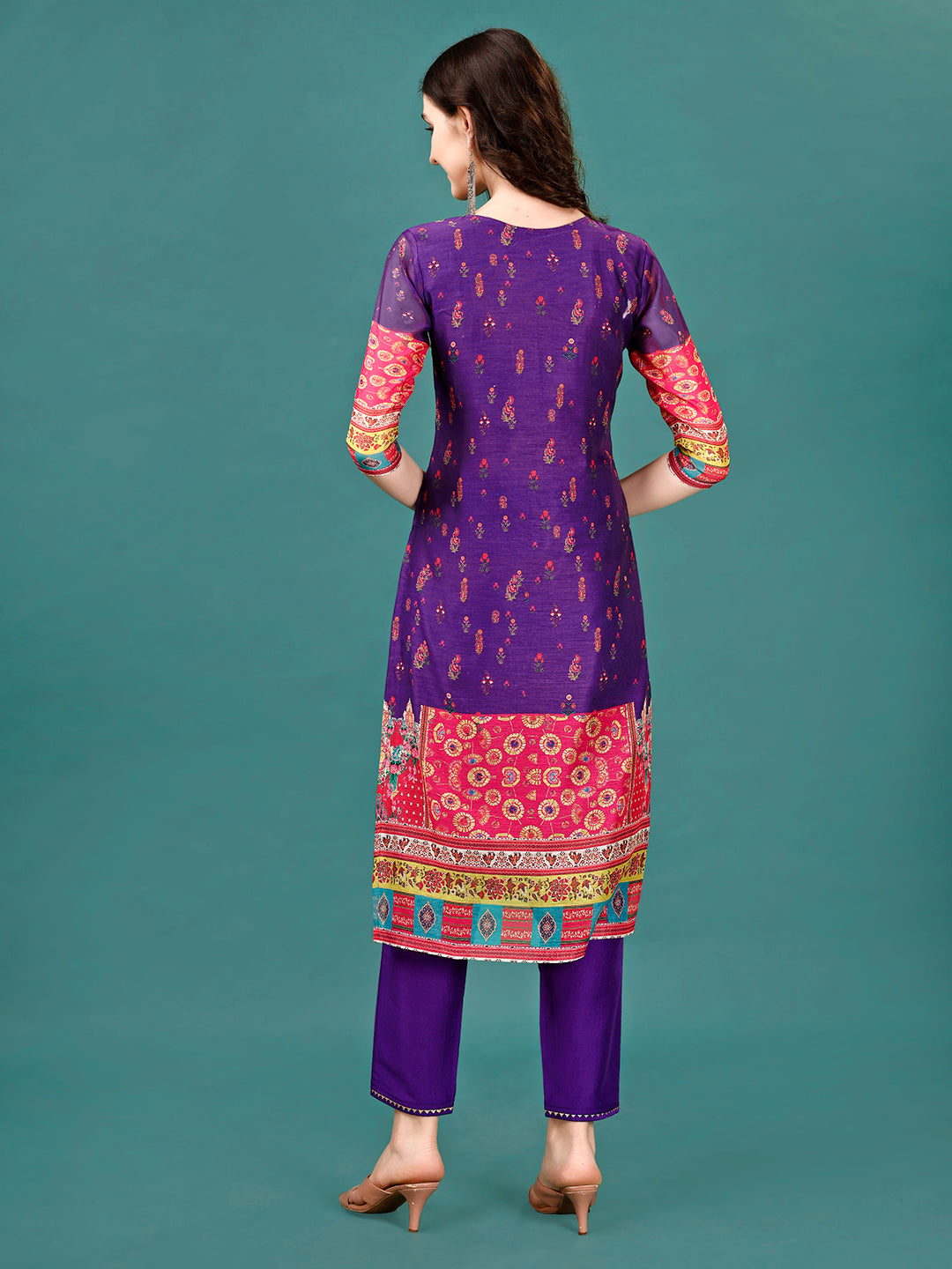 Printed & Hand Embroidered Kurta With Pant & Dupatta, Multicolor - Hiral Fashion