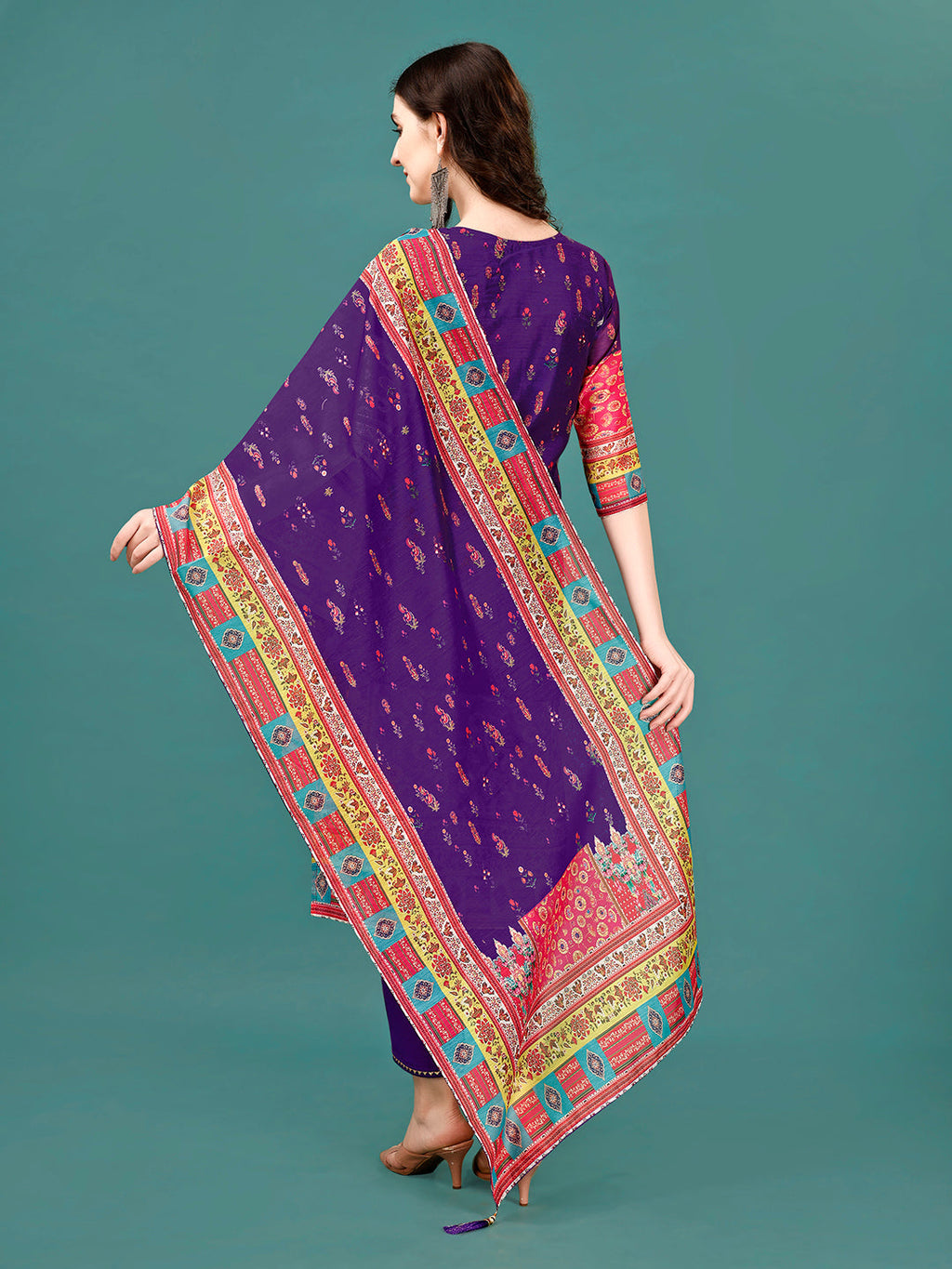 Printed & Hand Embroidered Kurta With Pant & Dupatta, Multicolor - Hiral Fashion