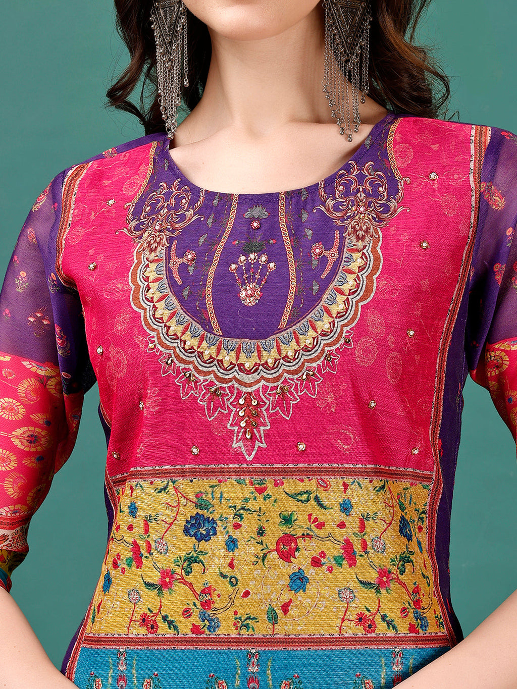 Printed & Hand Embroidered Kurta With Pant & Dupatta, Multicolor - Hiral Fashion