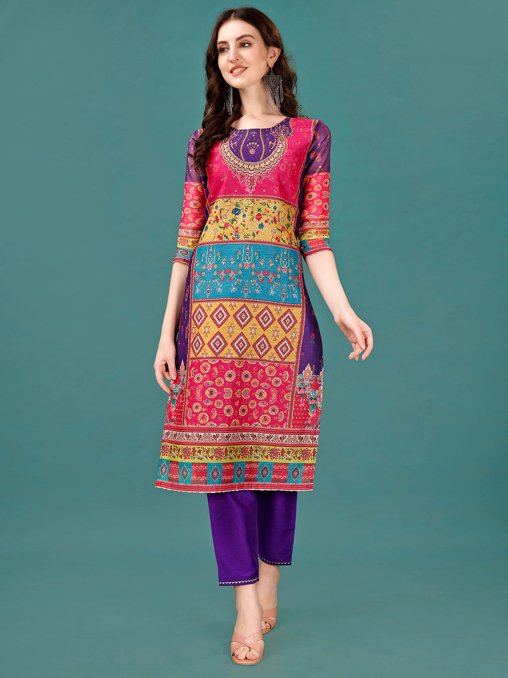Printed & Hand Embroidered Kurta With Pant & Dupatta, Multicolor - Hiral Fashion